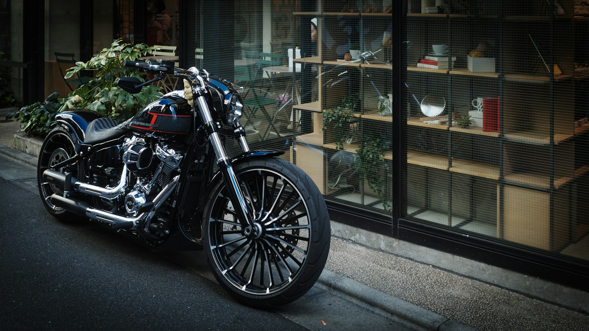 Photograph of a black custom motorcycle