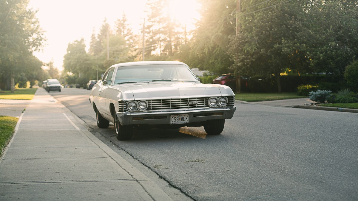 Photograph of a white classic Chevrolet Impala